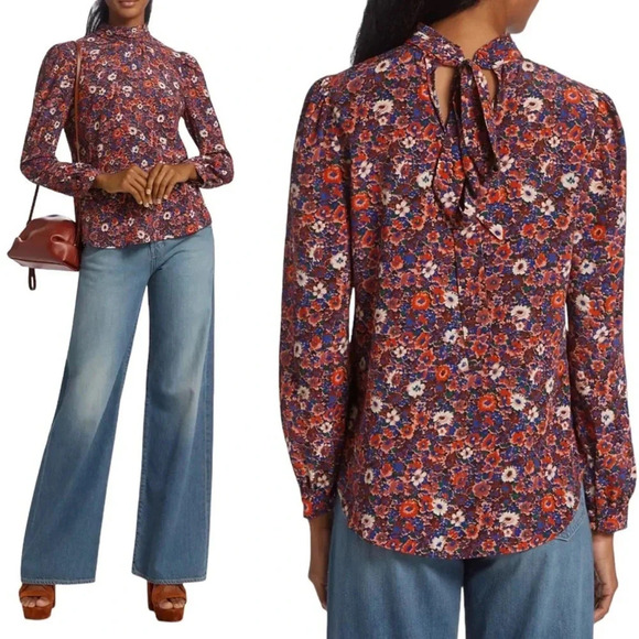 Veronica Beard Silk Chilton Floral Tie Back Blouse Berry Multi Size 2 NWT - Picture 5 of 16